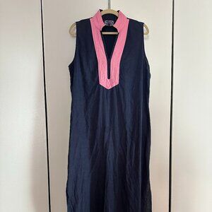 Sail to Sable Full-Length Linen Shift Dress – XL – Blue with Pink Trim